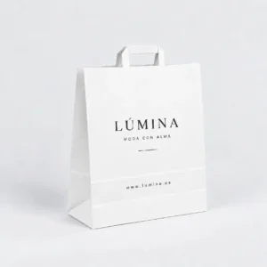 Bolsa de papel blanca personalizada grande con asa plana 40x15x45, ejemplo Lúmina
