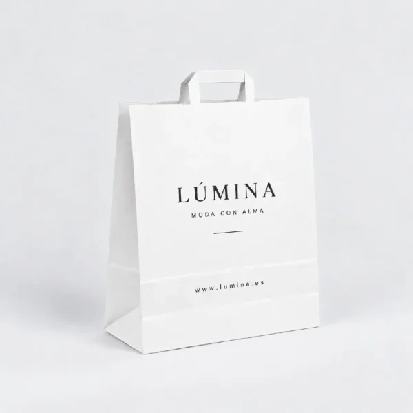 Bolsa de papel blanca personalizada grande con asa plana 40x15x45, ejemplo Lúmina