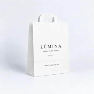 Bolsa de papel blanca personalizada con asa plana 32x13x41 cm, ejemplo Lúmina