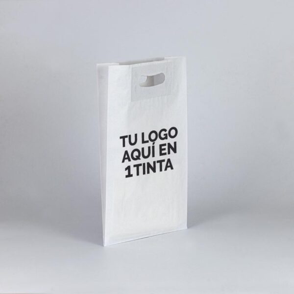 Bolsa de papel blanca personalizada asa troquelada 24x40+10