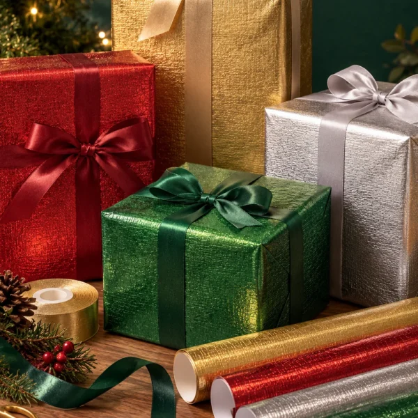 Papel de regalo metalizado gofrado en oro, rojo, plata y verde