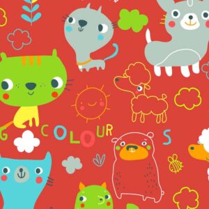 Papel de regalo infantil rojo con dibujo de animales 080903100