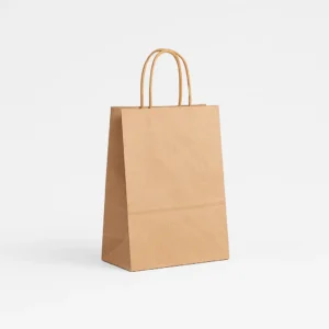 Bolsa de papel barata kraft marrón 18x8x24 cm con asa rizada 100 g – Caja 250 y pack 50 unidades