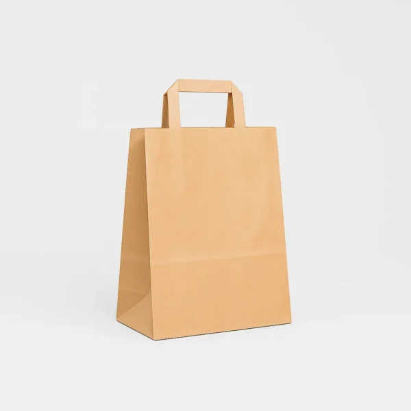 Bolsa de papel kraft marrón reciclado 26x14x29 cm con asa plana 80 g – Caja 250 y pack 50 unidades
