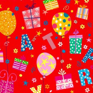 Bobina papel regalo roja con dibujos de cumpleaños y globos