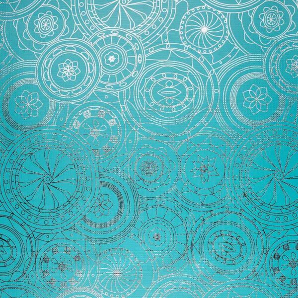 Papel regalo metalizado plata dibujos mandalas en turquesa