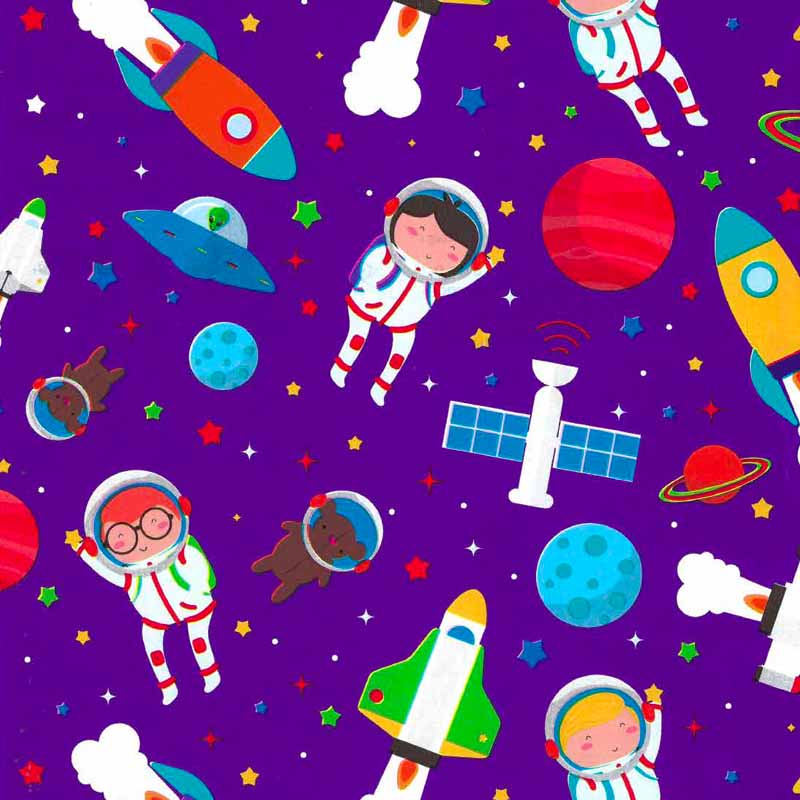 Bobina papel regalo infantil morado astronautas