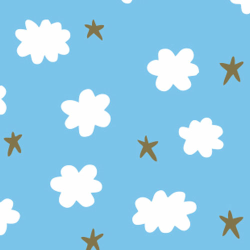 Bobina papel regalo infantil con fondo azul y dibujos de nubes y estrellas