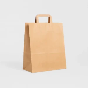 Bolsa de papel kraft marrón reciclado 32x16x35 cm con asa plana 80 g – Caja 250 y pack 50 unidades