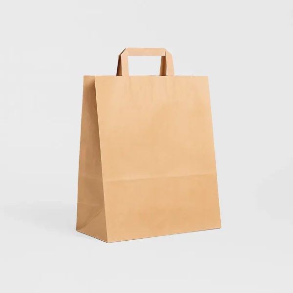 Bolsa de papel kraft marrón reciclado 32x16x35 cm con asa plana 80 g – Caja 250 y pack 50 unidades