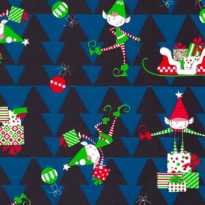 Papel navideño para regalo dibujo de elfos y paquetes envueltos azul
