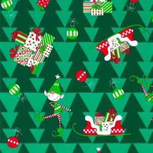 Papel navideño para regalo dibujo de elfos y paquetes envueltos verde