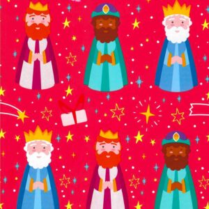Papel regalo navidad dibujos reyes magos fondo rojo