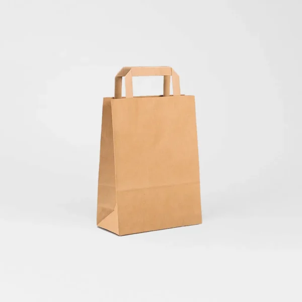 Bolsa de papel kraft marrón 19x8x25 cm asa plana – 80 g – Caja 250 / pack 50 Bolsa de papel kraft marrón reciclado 19x8x25 cm con asa plana 80 g – Caja 250 y pack 50 unidades
