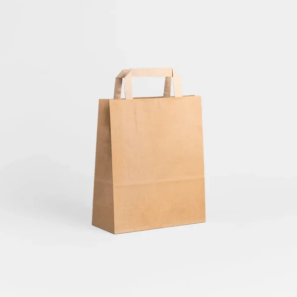 Bolsa de papel kraft marrón 22x10x24 cm asa plana – 80 g – Caja 250 / pack 50 Bolsa de papel kraft marrón reciclado 22x10x24 cm con asa plana 80 g – Caja 250 y pack 50 unidades
