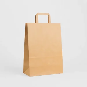 Bolsa de papel kraft marrón reciclado 32x16x42 cm con asa plana 80 g – Caja 250 y pack 50 unidades