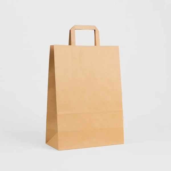 Bolsa de papel kraft marrón reciclado 32x16x42 cm con asa plana 80 g – Caja 250 y pack 50 unidades
