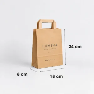 Bolsa de papel kraft pequeña personalizada con asa plana 18x8x24 cm, ejemplo Lúmina - medidas