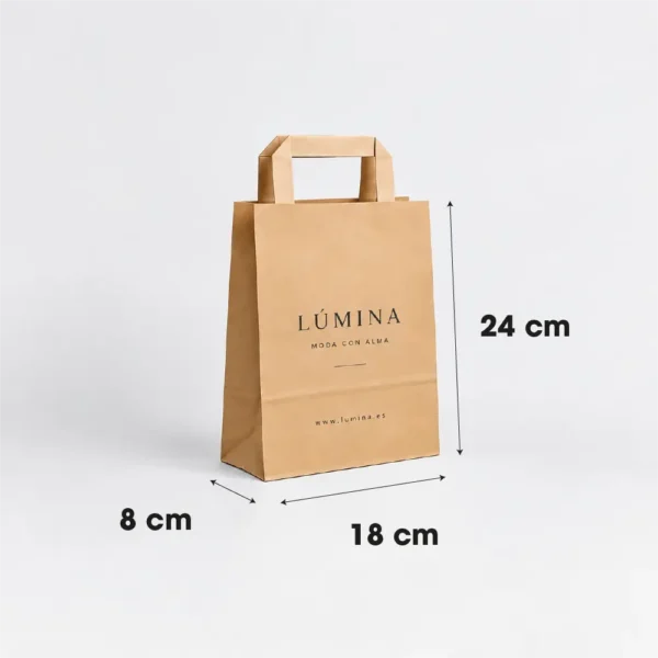 Bolsa de papel kraft pequeña personalizada con asa plana 18x8x24 cm, ejemplo Lúmina - medidas