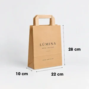 Bolsa de papel kraft personalizada con asa plana 22x10x28 cm, ejemplo Lúmina - medidas visuales