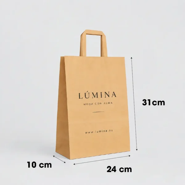 Bolsa de papel kraft personalizada con asa plana 24x11x28 cm, ejemplo Lúmina - medidas visuales