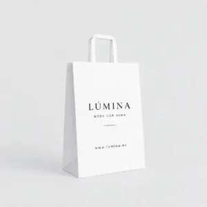 Bolsa de papel blanca personalizada con asa plana 27x12x35 cm, ejemplo Lúmina