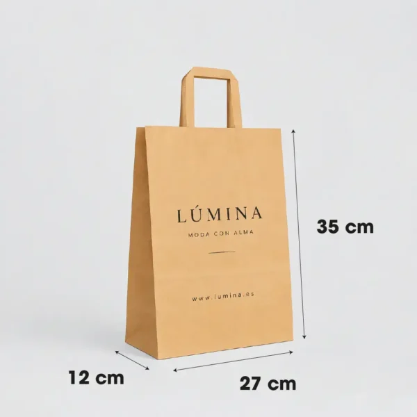 Bolsa de papel kraft personalizada con asa plana 27x12x35 cm, ejemplo Lúmina - medidas visuales