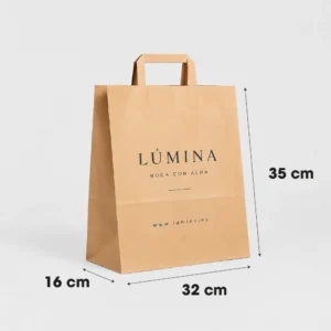 Bolsa de papel kraft personalizada con asa plana 32x16x35 cm, ejemplo Lúmina - medidas