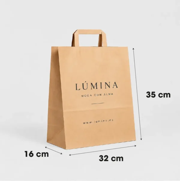 Bolsa de papel kraft personalizada con asa plana 32x16x35 cm, ejemplo Lúmina - medidas