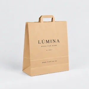Bolsa de papel kraft personalizada grande con asa plana 40x15x45, ejemplo Lúmina