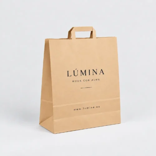 Bolsa de papel kraft personalizada grande con asa plana 40x15x45, ejemplo Lúmina