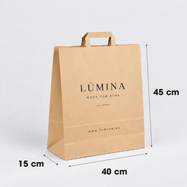 Bolsa de papel kraft personalizada grande con asa plana 40x15x45 cm, ejemplo Lúmina - medidas