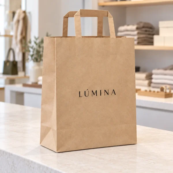 Bolsa de papel kraft personalizada con asa plana y logotipo Lúmina sobre un mostrador en una tienda de moda