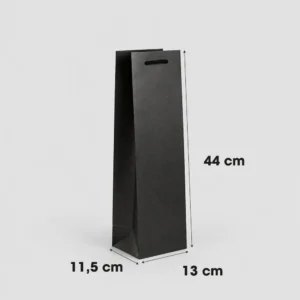 Bolsa negra para botella Magnum con medidas indicadas: 13 cm de ancho, 11,5 cm de fuelle y 44 cm de alto