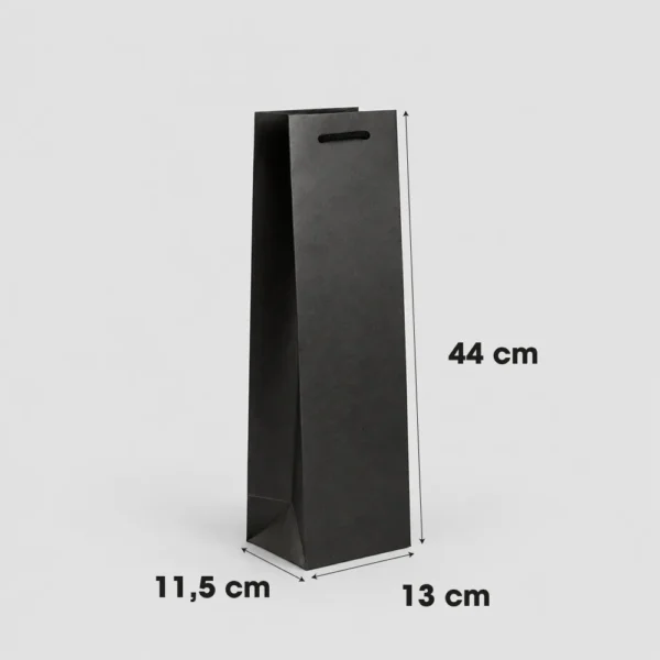 Bolsa negra para botella Magnum con medidas indicadas: 13 cm de ancho, 11,5 cm de fuelle y 44 cm de alto