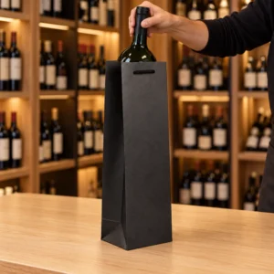 Persona introduciendo una botella Magnum en una bolsa de lujo negra sobre el mostrador de una vinoteca