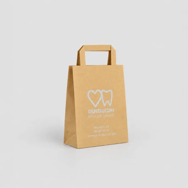 Bolsa de papel kraft pequeña personalizada con asa plana 18x8x24 cm con tinta pantone dentalcom