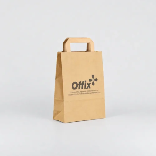 Bolsa de papel kraft pequeña personalizada con asa plana 18x8x24 cm con tinta negra offix