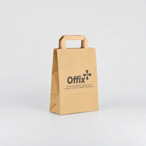 Bolsa de papel kraft pequeña personalizada con asa plana 18x8x24 cm con tinta negra offix