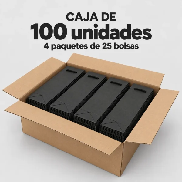 Caja de cartón abierta con cuatro paquetes de 25 bolsas negras plegadas para botella Magnum